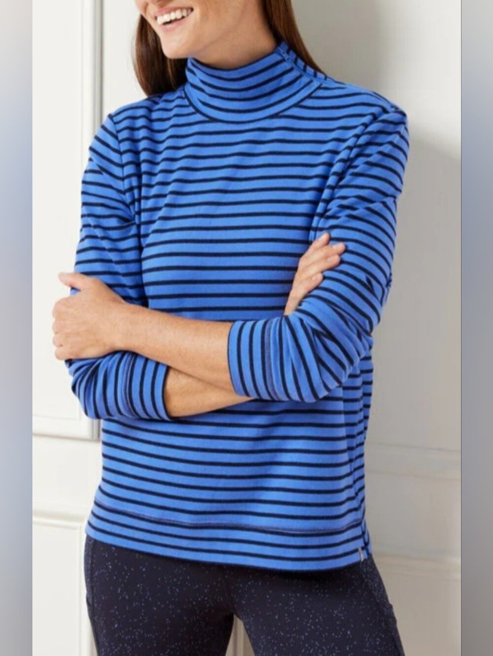 Talbots Blue Striped Turtleneck Plus Sz Asymmetrical Zip Pullover Blue/Black 3X
